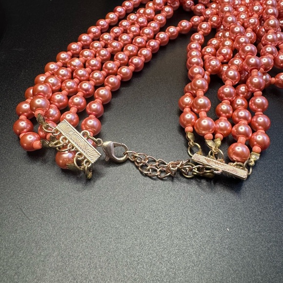 Simulated Peach Pearl Multi Row Necklace with Charm (22-25 In) in Rosetone - Picture 3 of 3